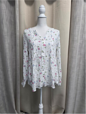 Jane and Delancey White Floral Pintuck Button-Front Blouse Size L